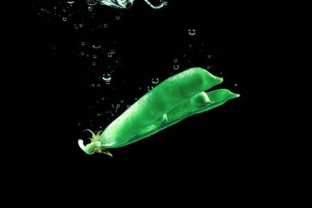 Fresh pea dropped into a water on dark background isolate.の写真素材