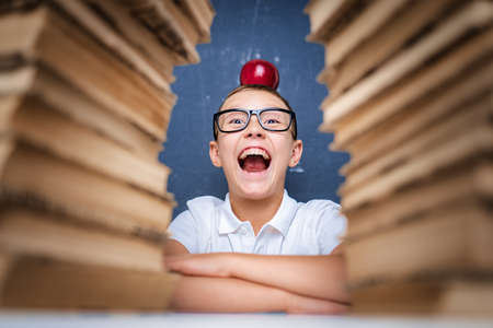 Happy smart boy in glasses sitting between two piles of books with red apple on head and look at camera smiling with open mouth.の写真素材