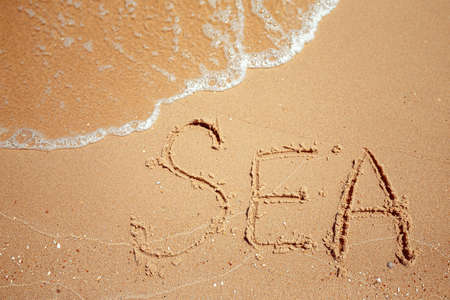 Handwritten Sea Word on the Sand Coast. Wonderful words on beach sand. Love idea concept.の写真素材