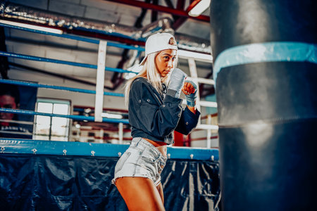 Beautiful Woman with the Red Boxing Gloves. Attractive Female Boxer Training.の写真素材