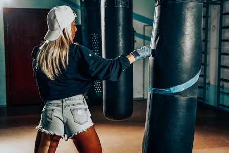Beautiful Woman with the Red Boxing Gloves. Attractive Female Boxer Training.の写真素材