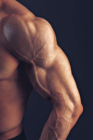 Fitness man background shoulder biceps pectoral muscles triceps bodybuilder on a dark background...