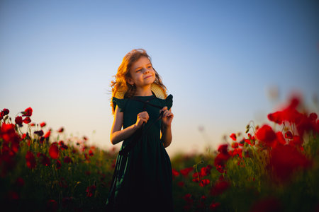 Girl in dress and straw hat outdoor At Poppy Fieldの写真素材