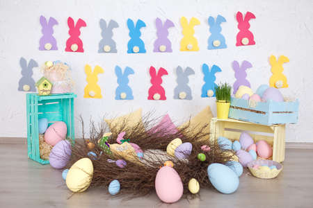 Bright colored Easter interior, Easter backgroundの写真素材
