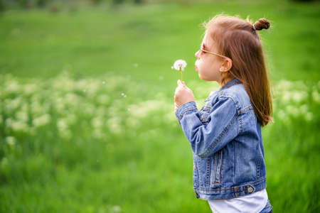 Beautiful little girl in denim clothes and rounded sunglasses blowing on a dandelion outdoor in the parkの写真素材