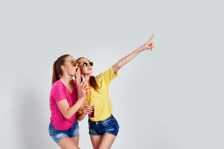 Close-up portrait of two person nice cute cool fascinating lovely attractive charming cheerful girls...