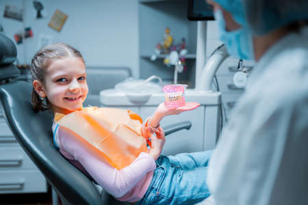 Smiling Little girl patient holds the model of the jaw in her hand while sitting in the dental chair