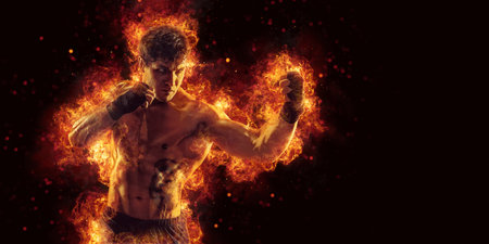 Fighter man punching in fire. MMA fighter