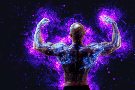 Back view of a muscular body builder flexing his muscles with energy lights on hands conceptの写真素材