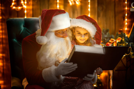 Santa Clause reads Christmas fairytale to cute girl in Santas hat while sitting near fireplace.の写真素材