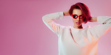 Portrait of stylish girl in sunglasses who posing for camera isolated on pink background