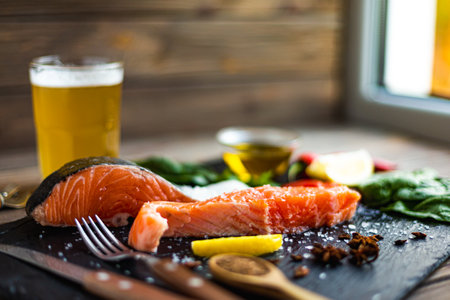 Front view of two pieces of raw salmon fillet preparing for cooking on cutting board. Good foodの写真素材