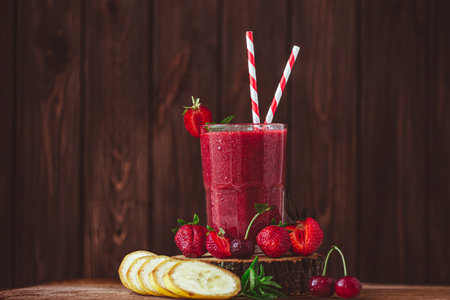 Front view of glass with fresh crimson smoothie with banana and berries on wooden table. Good foodの写真素材