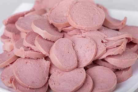 Closeup sliced sausage into small pieces on white plate. Ingredients. Selective Focus