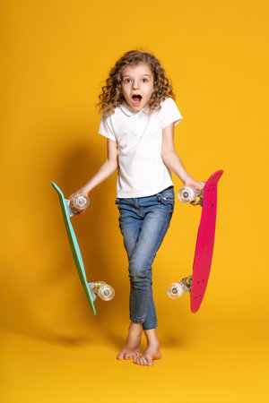 Little surprised girl holding two colorful skateboards and cant make a choice between themの写真素材