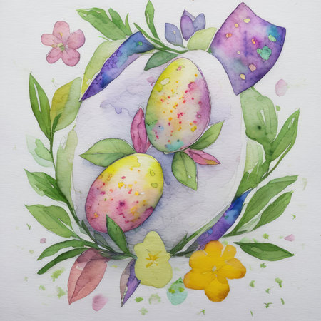 Watercolor spring illustrated of easter edds in floral Easter wreath. Happy Easter. Generative AIの素材