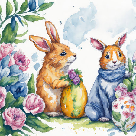 Watercolor spring illustrated of rabbits with Easter eggs and flowers. Easter Bunnies. Generative AIの素材