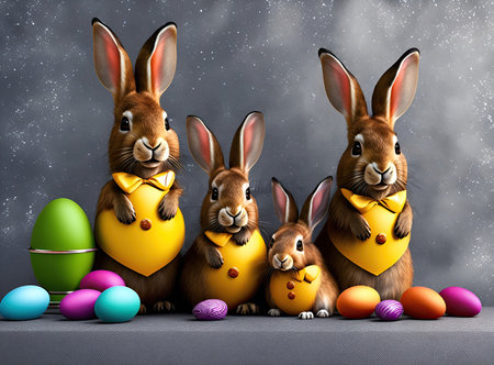 Family easter bunnies in dressy suit with colorful eggs, easter concept. Happy Easter. Generative AIの素材