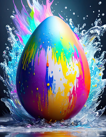Big Easter rainbow egg in a puddle of multi-colored color and drops around it, Easter concept. Aiの素材