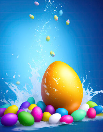 Easter greeting card with colorful eggs and big one orange egg on blue background. Generative AIの素材