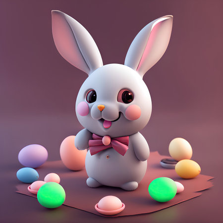 Modern Illustration of cartoon Bunny with easter eggs. Easter Bunny. Generative AI. Postcardの素材