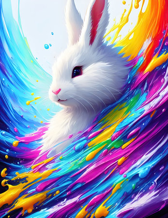 White Easter bunny surrounded in colorful splash water. Generative AI. White rabbit. Water rabbitの素材