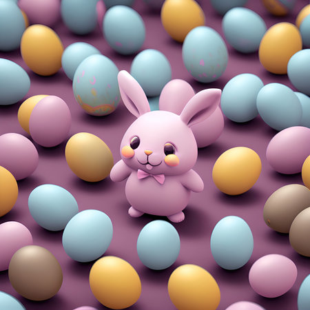 Modern Illustration of cartoon rabbit surrounded in easter eggs. Easter Bunny. Generative AI.の素材