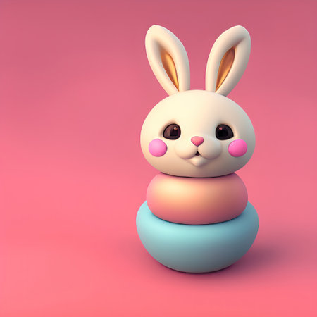 Modern Illustration of Cute toy rabbit on pink background. Easter Bunny. Generative AI. Happy Easterの素材