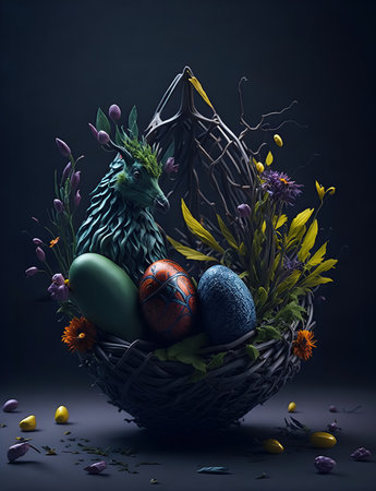 Epic illustration of colourful Easter eggs in nest with fairy bird on dark background. Generative AIの素材