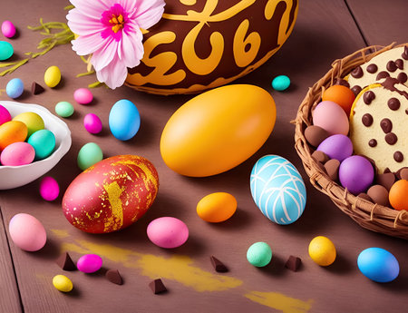 From above view of Easter composition with bright painted eggs and sweets. Generative AIの素材