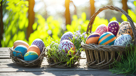 Composition of colourful Easter eggs in wicker basket outside. Happy Easter conceptの写真素材