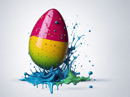 Large Easter colorful egg falling down in color splash puddle, Easter concept. Generative Aiの素材