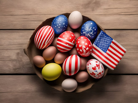 Top view of colorful patriotic easter eggs in basket on wooden table with flag USA. Generative AIの素材