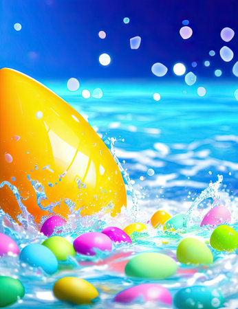 Illustration of Easter colorful eggs and big one orange swirling in water splash. Generative AIの素材