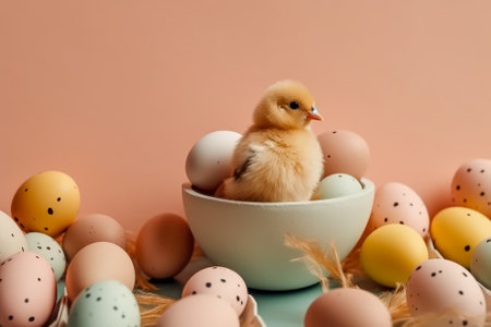 yellow chick and easter eggs on pastel background. minimal concept. Easter card.の写真素材