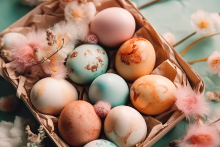 Top view of Easter multicolored eggs in wicker basket and flowers pastel toned. Generative AIの素材