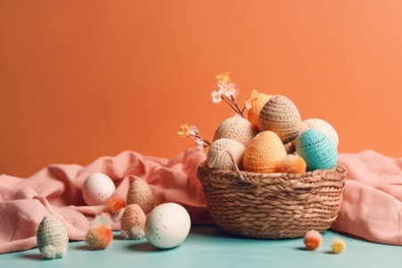 Composition with colorful easter eggs in basket and flowers on orange background. AI. Copy Spaceの素材