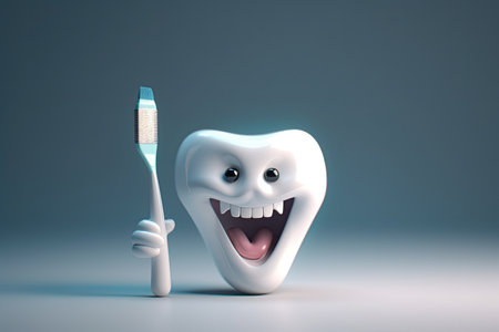 Cute healthy shiny cartoon tooth character holding toothbrush, childrens dentistry concept Illustration.の素材