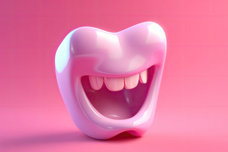Cute healthy shiny cartoon tooth character on pink background, childrens dentistry concept Illustration.の素材