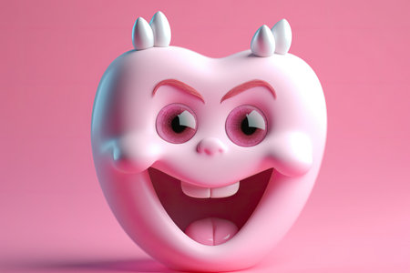 Cute healthy shiny cartoon tooth character on pink background, childrens dentistry concept Illustration.の素材