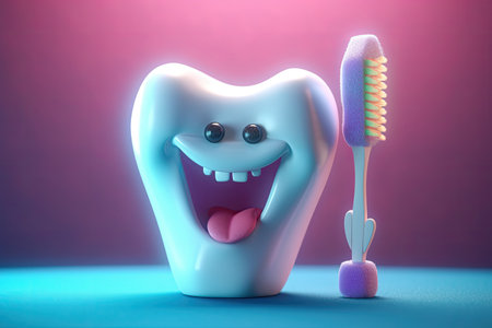 Cute healthy shiny cartoon tooth character holding toothbrush, childrens dentistry concept Illustration.の素材