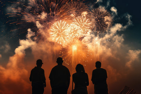 Peoples in silhouette enjoy watching amazing firework show in a festival or holidayの素材