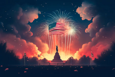 fireworks behind the statue of liberty for independence day. Patriotic postcard. 4th of July. USA. Generative AIの素材