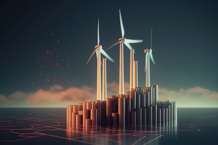Windmills surrounded stacks of coins. Return on investment on renewable clean wind energy. alternative energy economic growth idea. Generative AIの素材