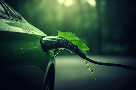 Electric car concept in green environment concept. green energy. Eco friendly. Generative AI. Space for textの素材