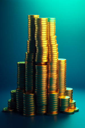 Stacks of gold money coin on black background and concept saving money, Business growth strategy of money concept, Advertising coins of finance and banking. Generative AIの素材
