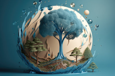 Earth day, World ocean day, saving water and nature concept. Illustration of Earth blue globe with art water around. Generative AIの素材
