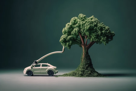 Illustration of auto charger from tree. green energy. future energy. Replenish clean energy concept. Generative AIの素材