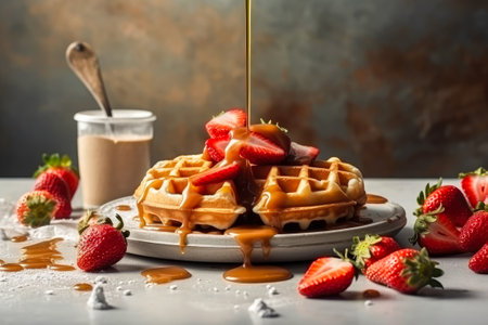 Traditional Belgian waffles pouring caramel. Delicious food. Horizontal . Space for textの素材