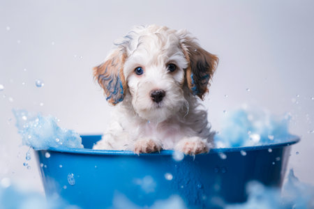 Cute little puppy taking a bath in a blue bathtub.の素材